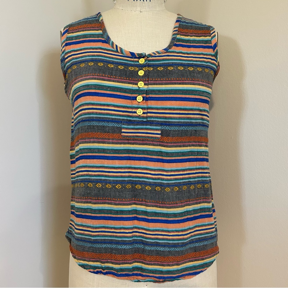 VTG 80s 100% Indian Cotton Woven Tank Top Colorful Stripes Summer Aztec Sz S